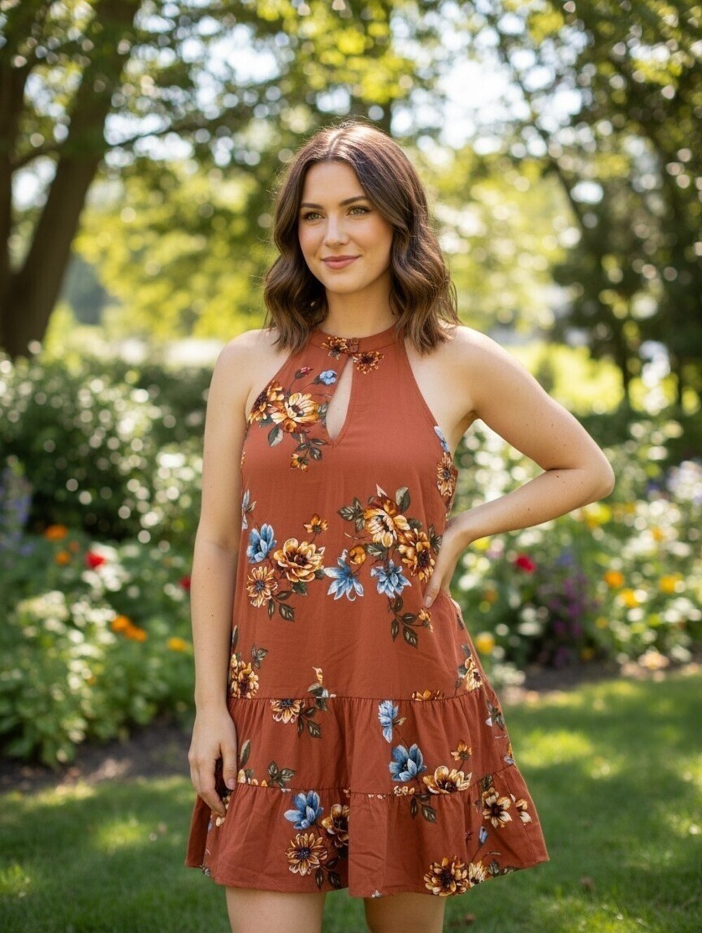 Xhilaration Floral Swing Dress XS Rust Halter Tiered Boho Mini